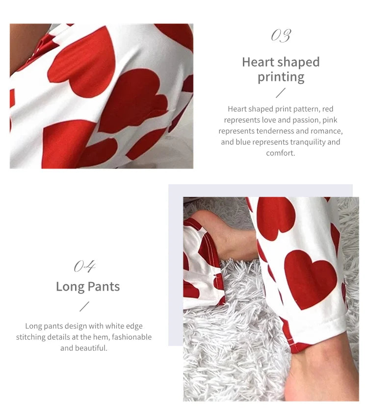 Heart & Letter Printed Womens Pajama Pj Set Soft Short Sleeve Tops & Elastic Waist Pants Pyjama Pijama Femme Casual Home Clothes