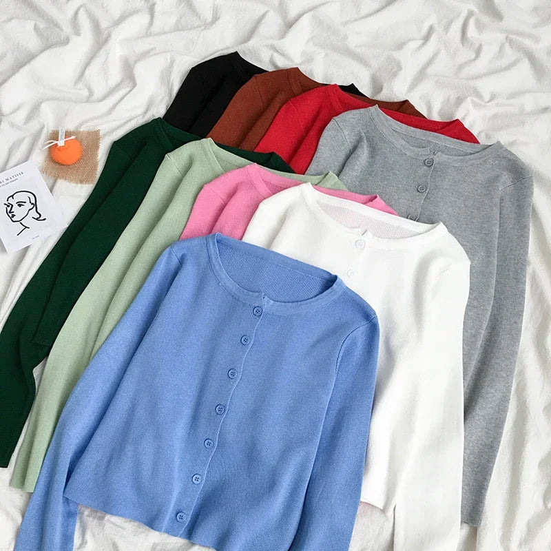Spring Autumn Knitted Cardigans Women Long Sleeve Buttons Front Vintage Cardgian Top Classic Style Simple Soild Color Chic