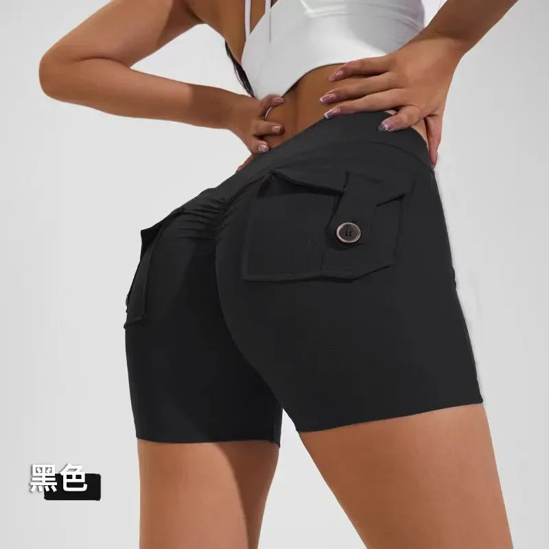 Summer Peach Butt Fitness Exercise Three-Quarter Pants Cargo Air Dry Pocket Yoga Tight lift the hips Women's Shorts