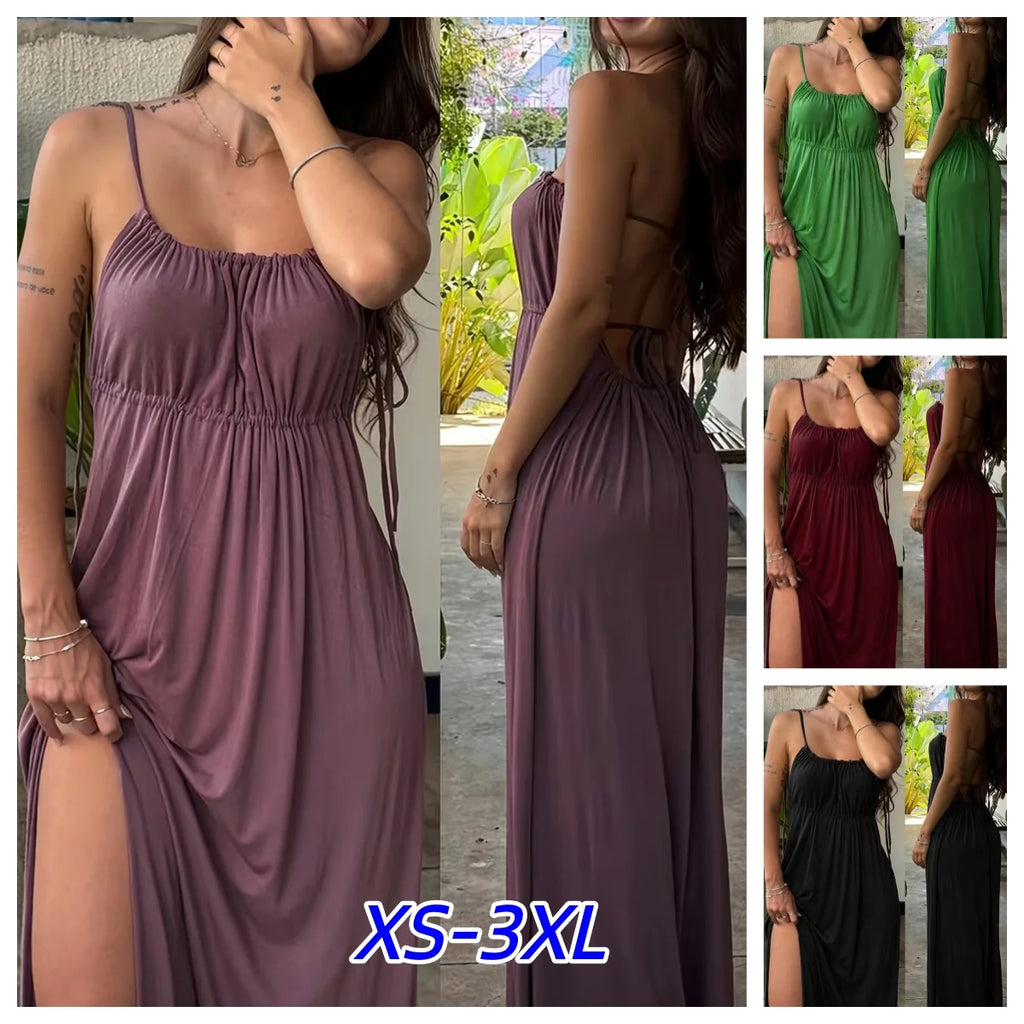 Elegant Summer Off Shoulder Suspenders Dress Fashion Hight Waist Drawstring Solid Party Dress Casual Sleeveless Women Long Dress