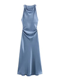 XNWMNZ 2024 Women's Fashion Satin Midi Dress Women High Street O Neck twisted armholes Waist Gathered Fit female Midi Dresses
