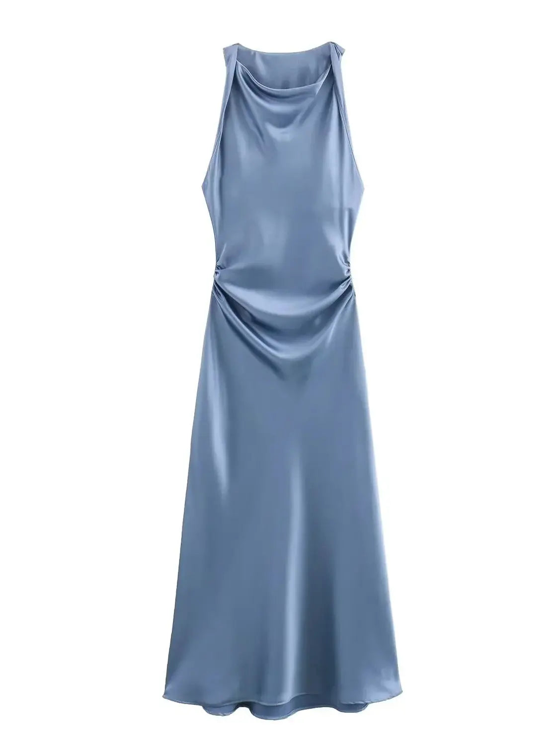 XNWMNZ 2024 Women's Fashion Satin Midi Dress Women High Street O Neck twisted armholes Waist Gathered Fit female Midi Dresses