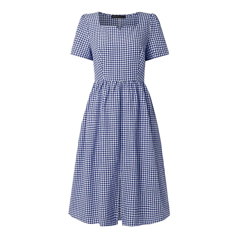 Women Summer Plaid Dress 2026 ZANZEA Elegant Square Neck Short Sleeve Midi Dresses Casual Work Vestidos Stylish Holiday Sundress