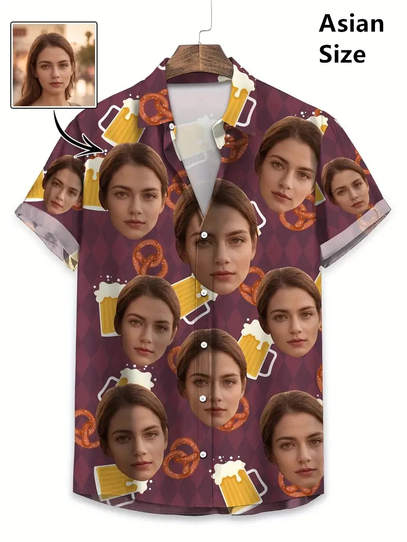 Face Photo Beer Shirts For Men Clothing Custom 3D Print Hawaii Beach Shirt Y2k Top 90s Vintage Clothes Lapel Short Sleeve Blouse