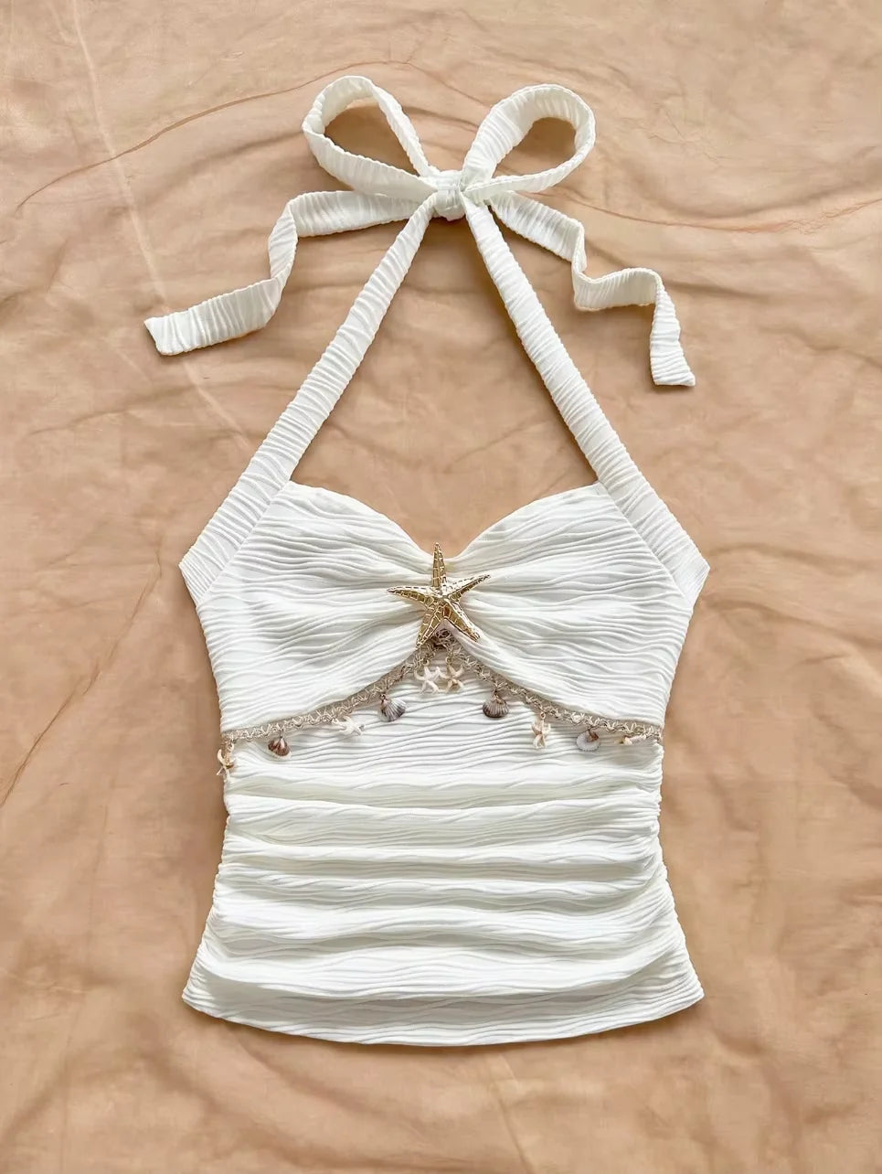 Women's suspender tie, starfish shell decoration, starfish metal button knitted fabric vest, suitable for parties，cropped top