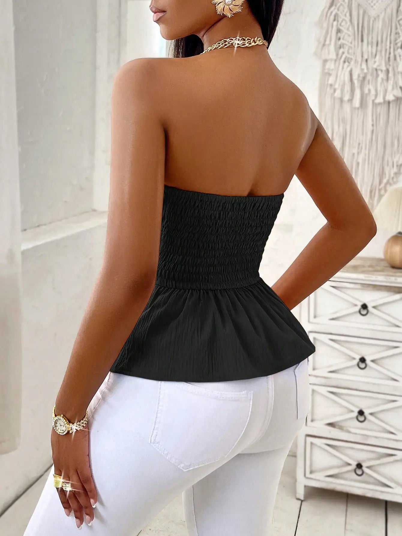 Elegant Peplum Strapless Top, Belted Wrap Waist Blouse for Vacation & Commute