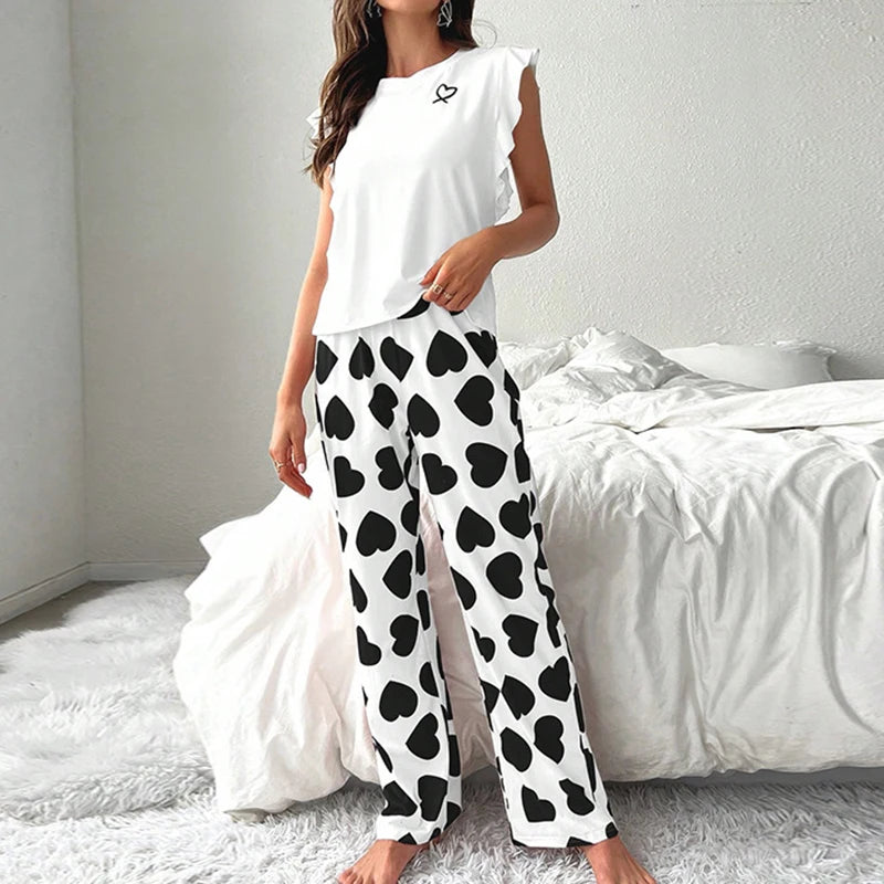 Heart & Letter Printed Womens Pajama Pj Set Soft Short Sleeve Tops & Elastic Waist Pants Pyjama Pijama Femme Casual Home Clothes