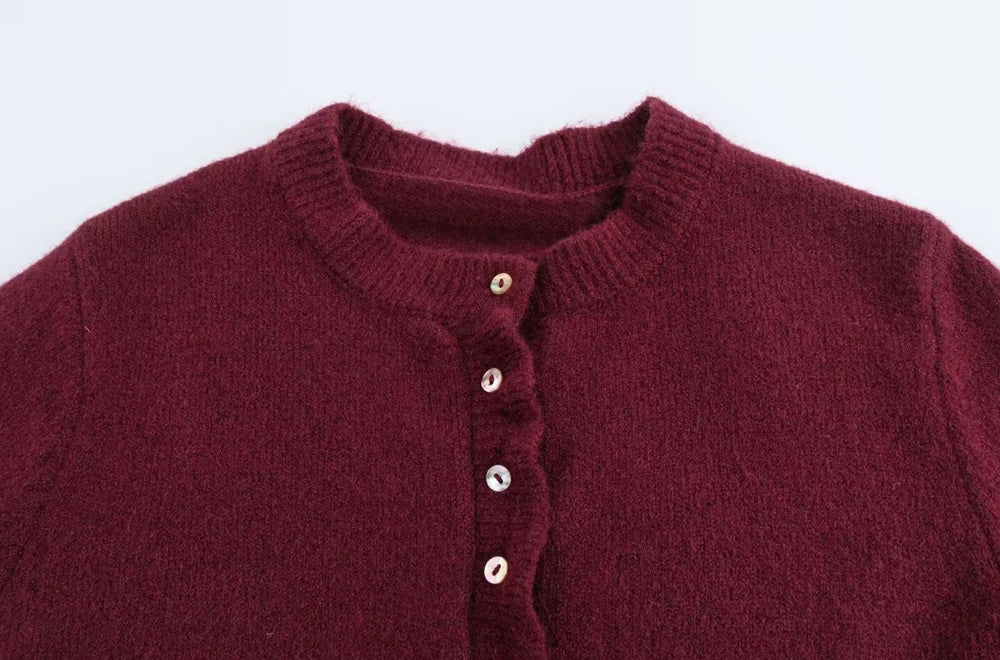 Women's Ruffled Knit Cardigan Sweater O-Neck Long Sleeve Chic Top with Front Buttons Fashion Outerwear