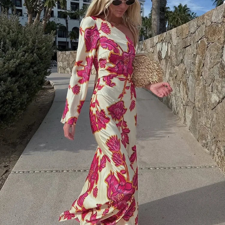 Fashion Satin Printing Sloping Shoulders Dresses Spring Women Single Shoulder Sleeves Dress Autumn High Waist Hip Hugging Dress