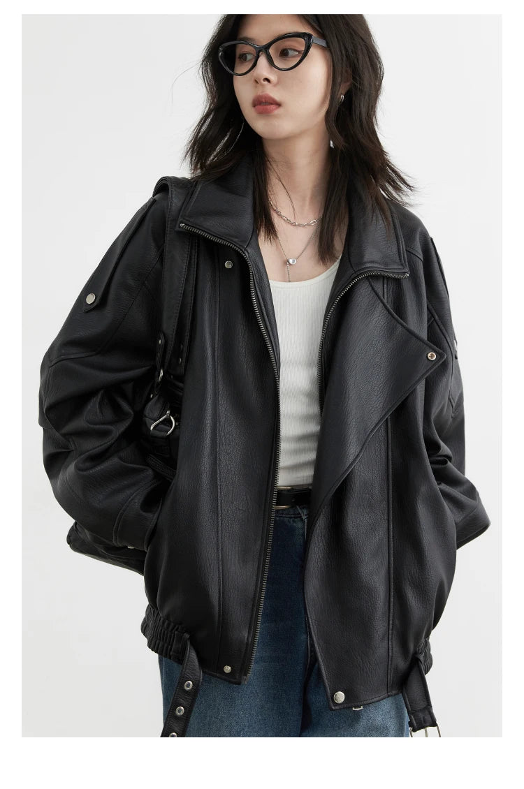 CHIC VEN Woman PU Jacket Solid Loose New Retro Standing Collar Motorcycle Faux Leather Coat Female Top Spring Autumn 2026