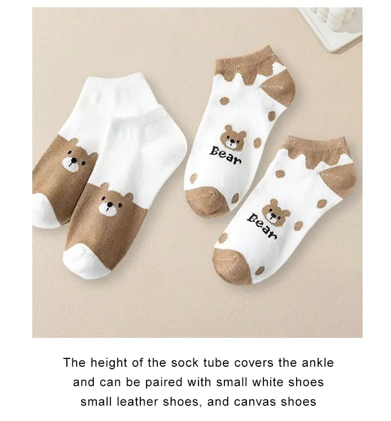 5 Pairs Women Cartoon Patterned Socks Trendy Versatile Breathable Sweat Wicking Deodorizing Antibacterial Comfortable Socks