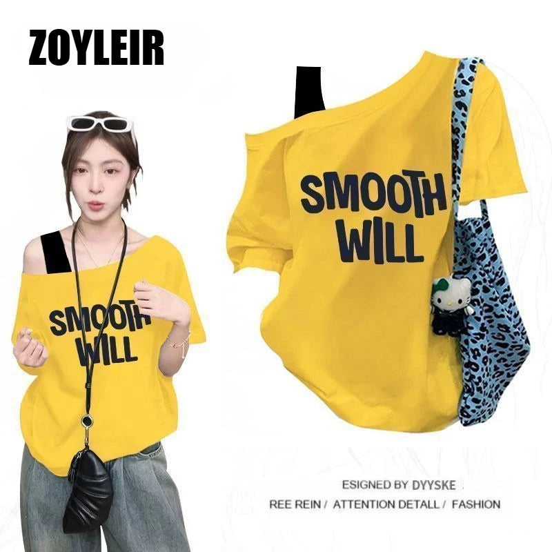 Elegant Summer One Shoulder T Shirt Women Fake Two-piece Oversize Graphic T Shirts Short Sleeve Off Shoulder Top Sport Casual