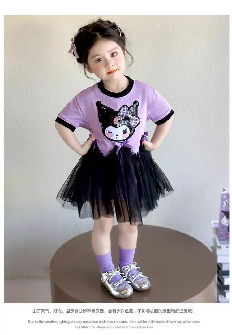 kuromi Princess Style Short Sleeve Dress for Girls Baby Mesh Skirt Summer New Arrival Children's Clothing Casual Daily Skirt