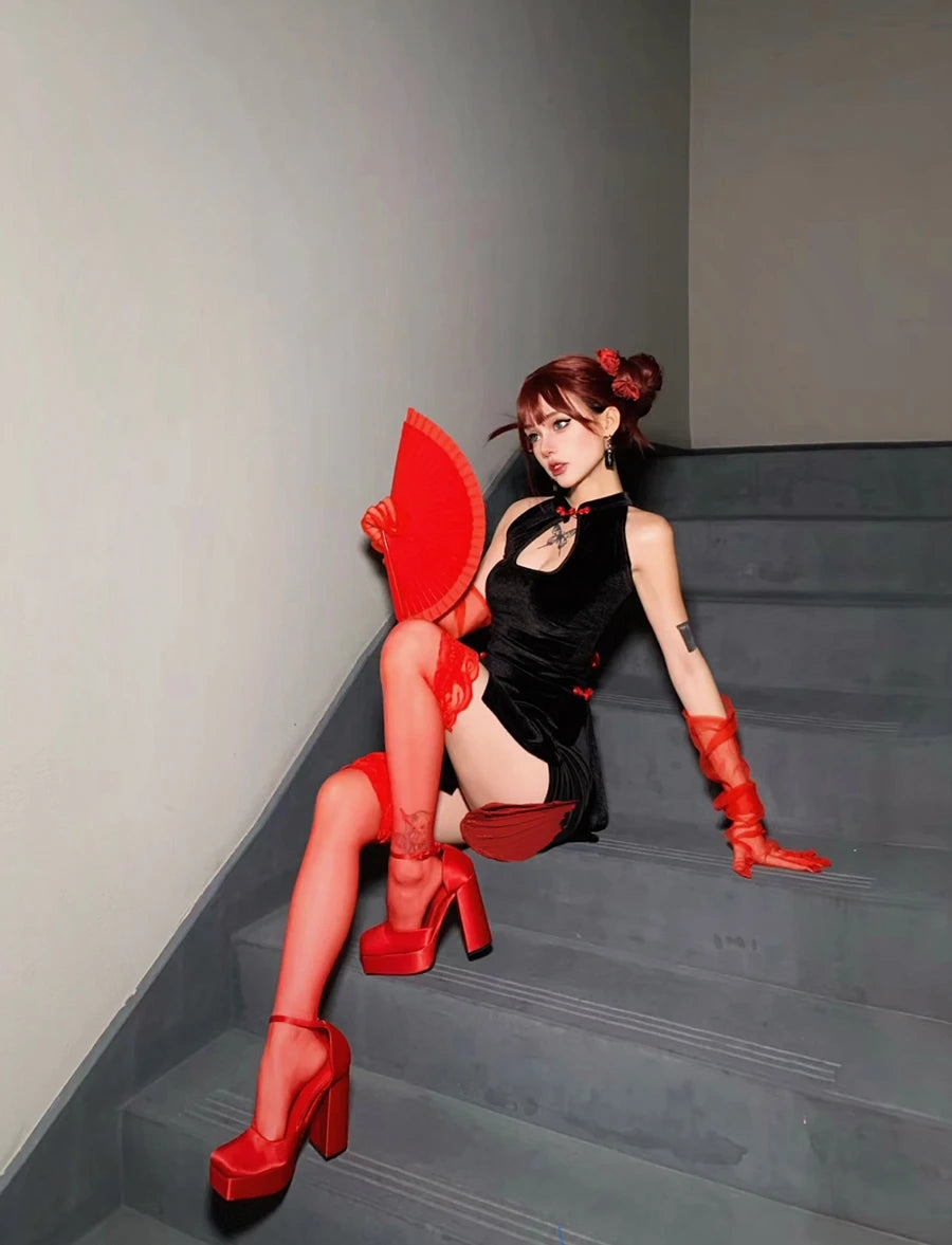 New Year Bar DS Performance Costume Sexy Gogo Leader Outfit Retro Red Black Splittytying Flag Robe Women's Stage Costume