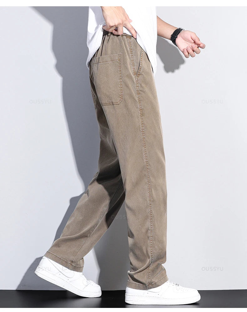 Brand Clothing Summer New Soft Lyocell Fabric Jeans Men Blue Elastic Waist Loose Straight Thin Denim Trousers Male Plus Size 5XL