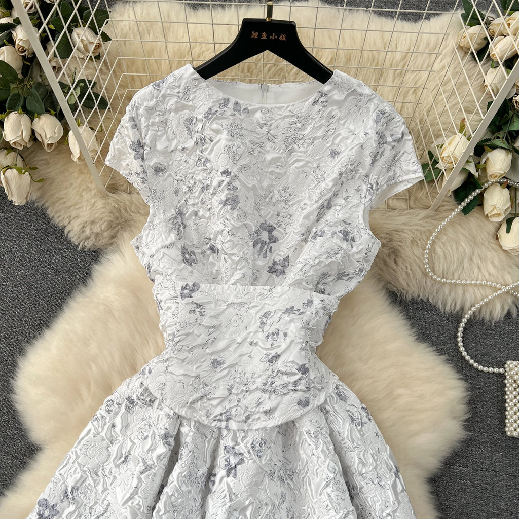 Court Style Elegant Long Dresses for Women Jacquard O-neck Short Sleeve A-line High Waist Vestidos Mujer Frenchic Dress Dropship