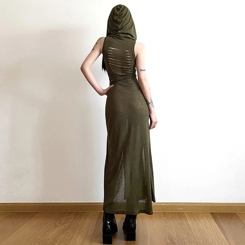 y2k Dress Women Clothes Solid Color Sleeveless Hollow Out Back Slit Hooded Dress 2000s Halloween Party Dresses