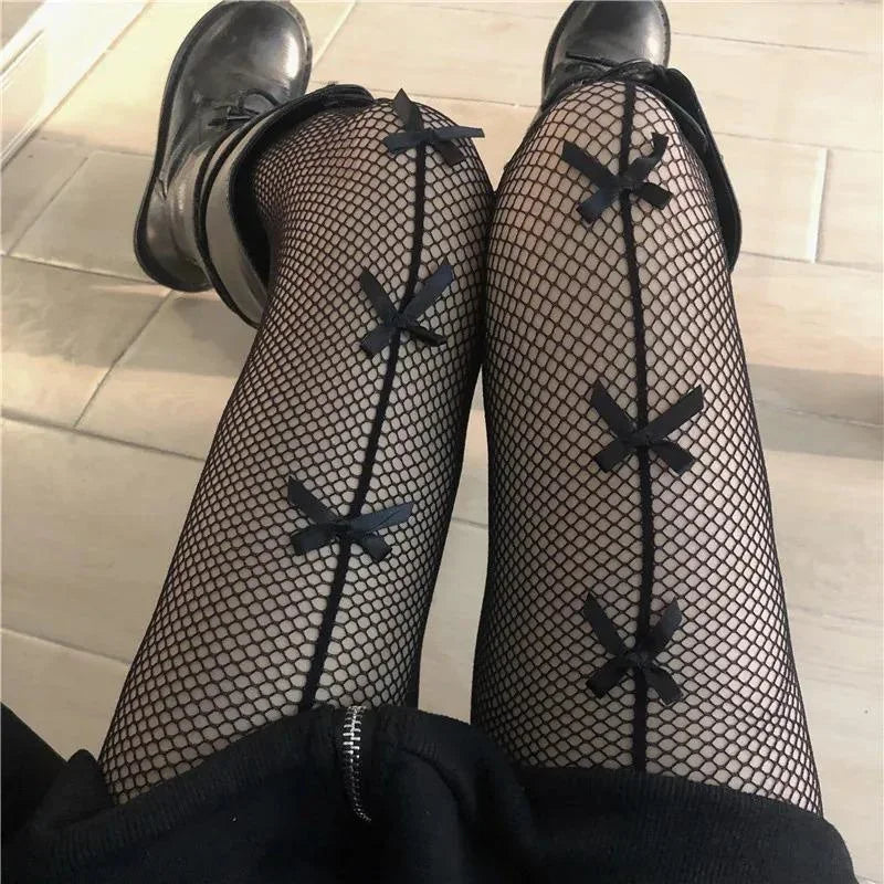 Women Stockings Pantyhose Hollow Out Transparent Slim Fishnet Pantyhose with Bow-knot