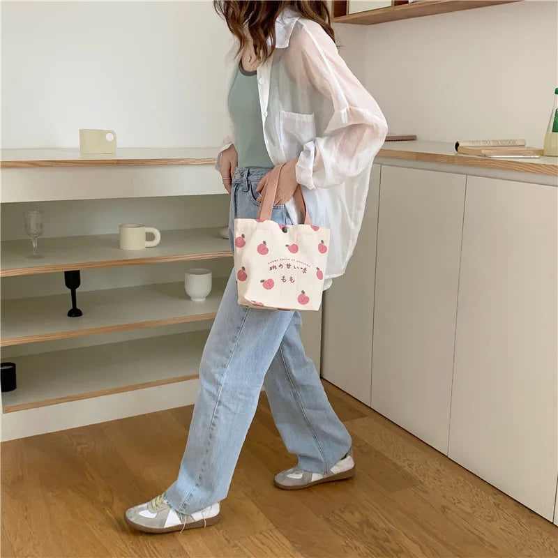 Small Canvas Women Tote Food Bag Japanese Peach Hand Lunch Bag Korean Mini Student Handbags Cotton Cloth Picnic Travel Bento