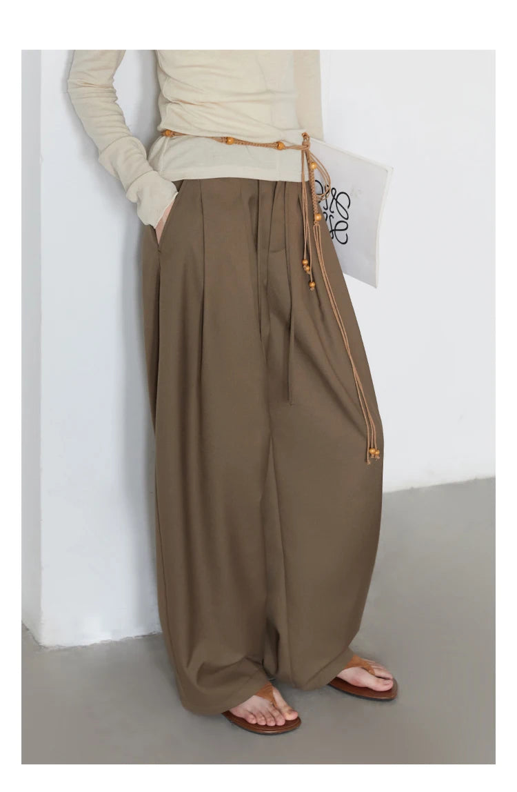 CHIC VEN Women Pants Solid Loose Casual Wide Leg Pant Drawstring Pleated Female Suit Trousers Office Ladies Sping Autumn 2025