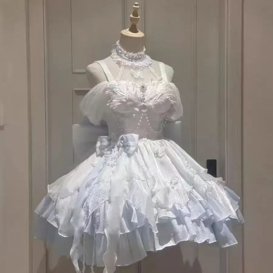 Gothic Red Lolita JSK Dress Women Spaghetti Strap Ruffle Tulle Skirt Chain Bow Decor High Low Hem Vintage Princess Party Dress