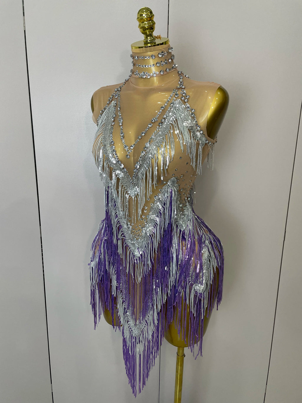 Stock 2025 Women Sexy Stretch Mesh Sparkly Rhinestone Tassels Mini Dress Nightclub Singer Dance Stage Costume Evening Gowns