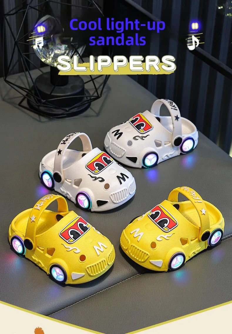 Children's Slippers 2026 Summer New Boys' Car Shaped Wheels Will Light Up Anti Slip Soft Bottom Baby Beach Slippers