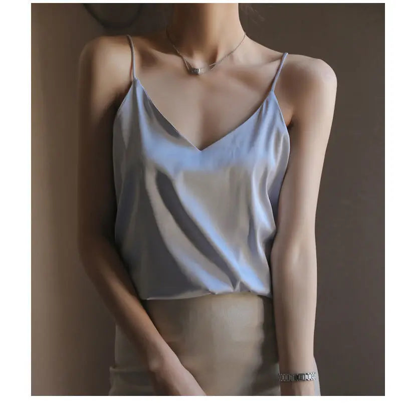Women Halter V Neck Basic White Cami Spaghetti Strap Top Sleeveless Satin Silk 2026 Tank Tops Women'S Summer Camisole
