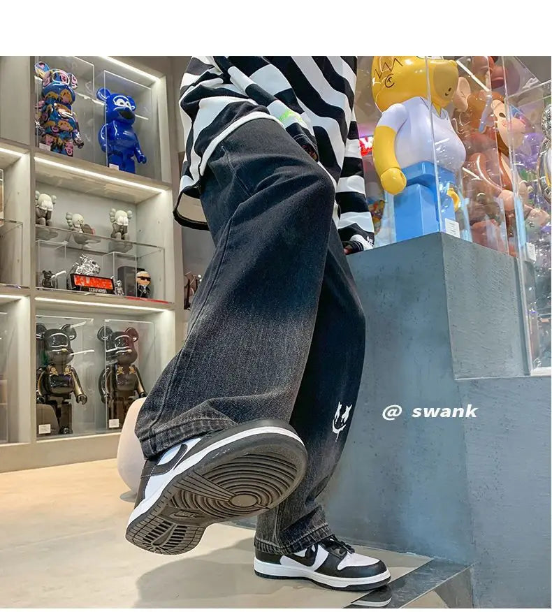 Harajuku Smile Print Baggy Pants Men Streetwear Wide Leg Oversize Jeans Vintage Y2k Straight Long Trousers Male 2024 Fashion