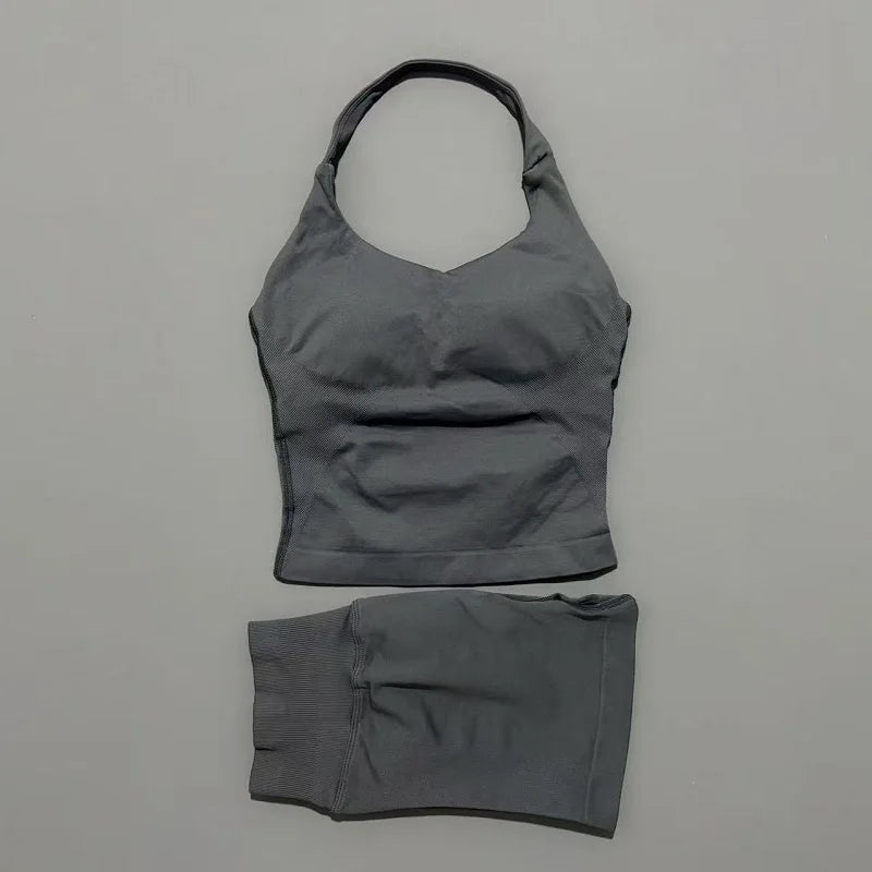 2 Peice Histello Sports Set Women Seamless Halter Top Longline Strappy Padded Scrunch Shorts Set Yoga Suit Gym Workout Sets