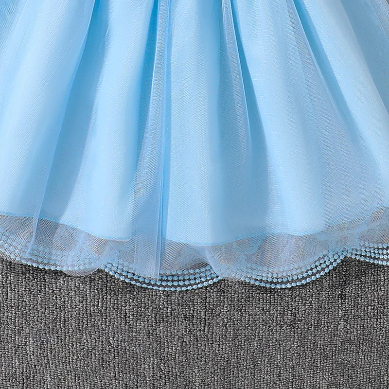 Kids Princess Dress For Girls O-Neck Wing-Sleeve Bowknot Floral Print Embroidery 4-7 Years Summer Sweet Birthday Party Clothing