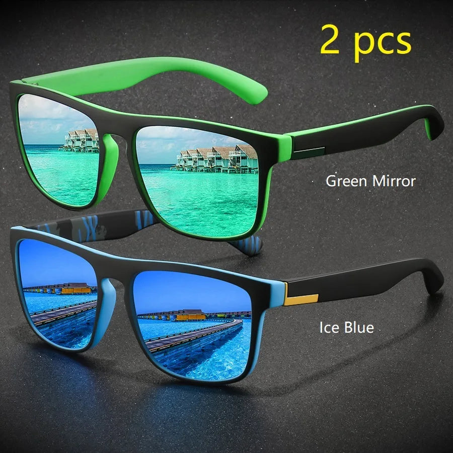 2 Pieces Fashion Vintage Square Sports Sunglasses Men Women Driving Fishing Brand Designer Sun Glasses Retro Man Eyewear UV400