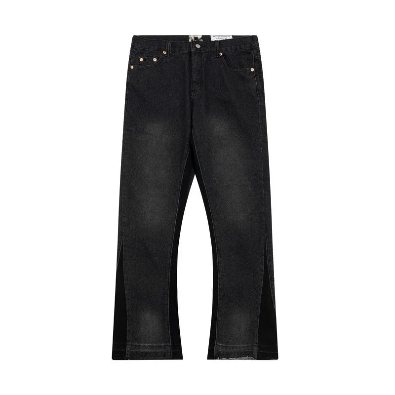 American retro washed letter spliced denim trousers high street trendy brand couple loose straight micro-flared long trousers