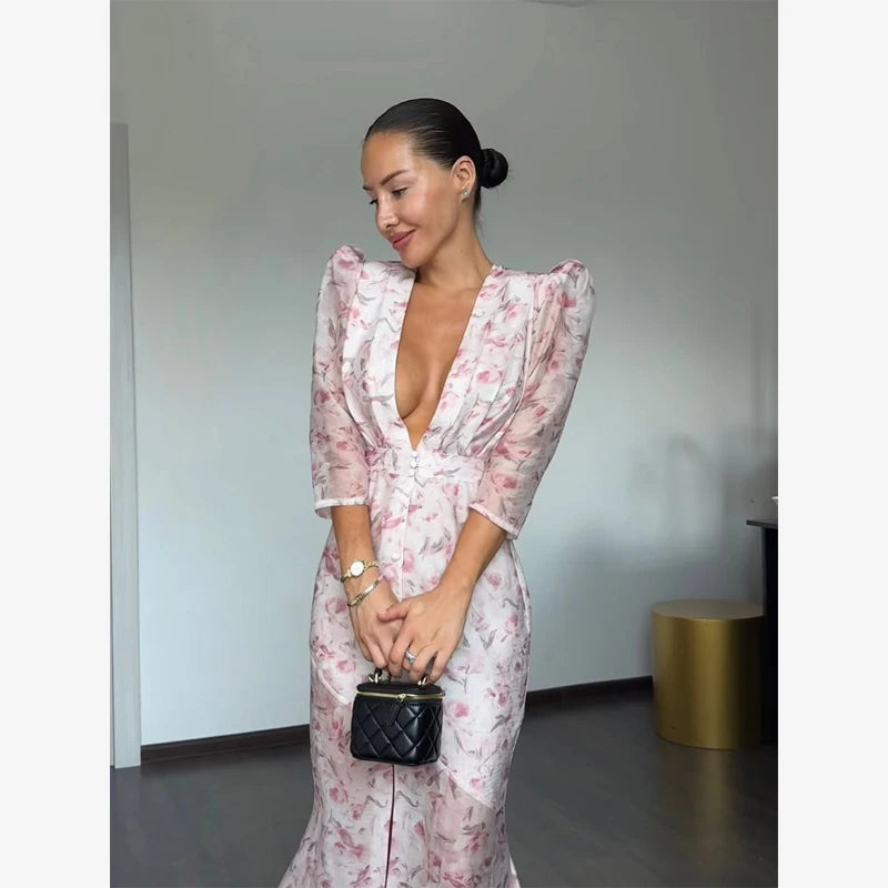 Fashion Organza Floral Printed Maxi Dress V-Neck Puff Sleeve 2026 Spring/Summer Romantic Women Party Gown Elegant Lady Vestido