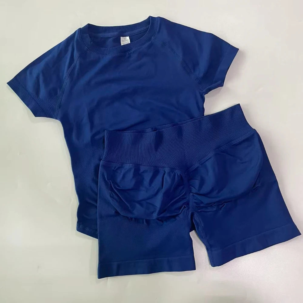 2 Piece Sets Women Outfit Longline Short Sleeve Gym Crop Top High Waist Workout Shorts Sports Suit Fitness Clothes Yoga Set