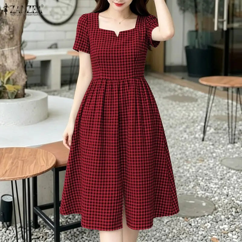 Women Summer Plaid Dress 2026 ZANZEA Elegant Square Neck Short Sleeve Midi Dresses Casual Work Vestidos Stylish Holiday Sundress