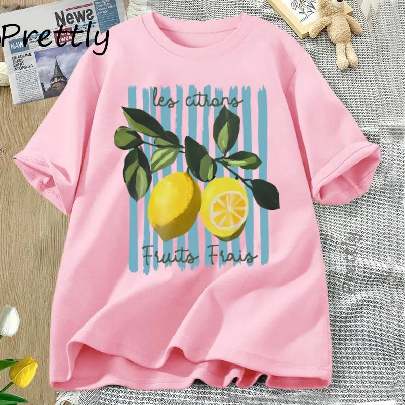 Summer Lemon T-shirt Vintage Cottagecore French T Shirt Cotton Lemon Tee Shirt Vacation Beach Tshirt Casual Short Sleeve Tops