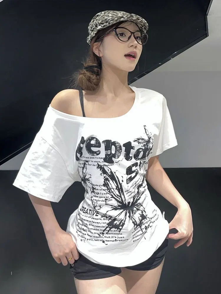 White 100% Cotton Y2k Vintage Oversize Off shoulder Short sleeve T shirt With Print Women Casual Summer Top Butterfly Tees