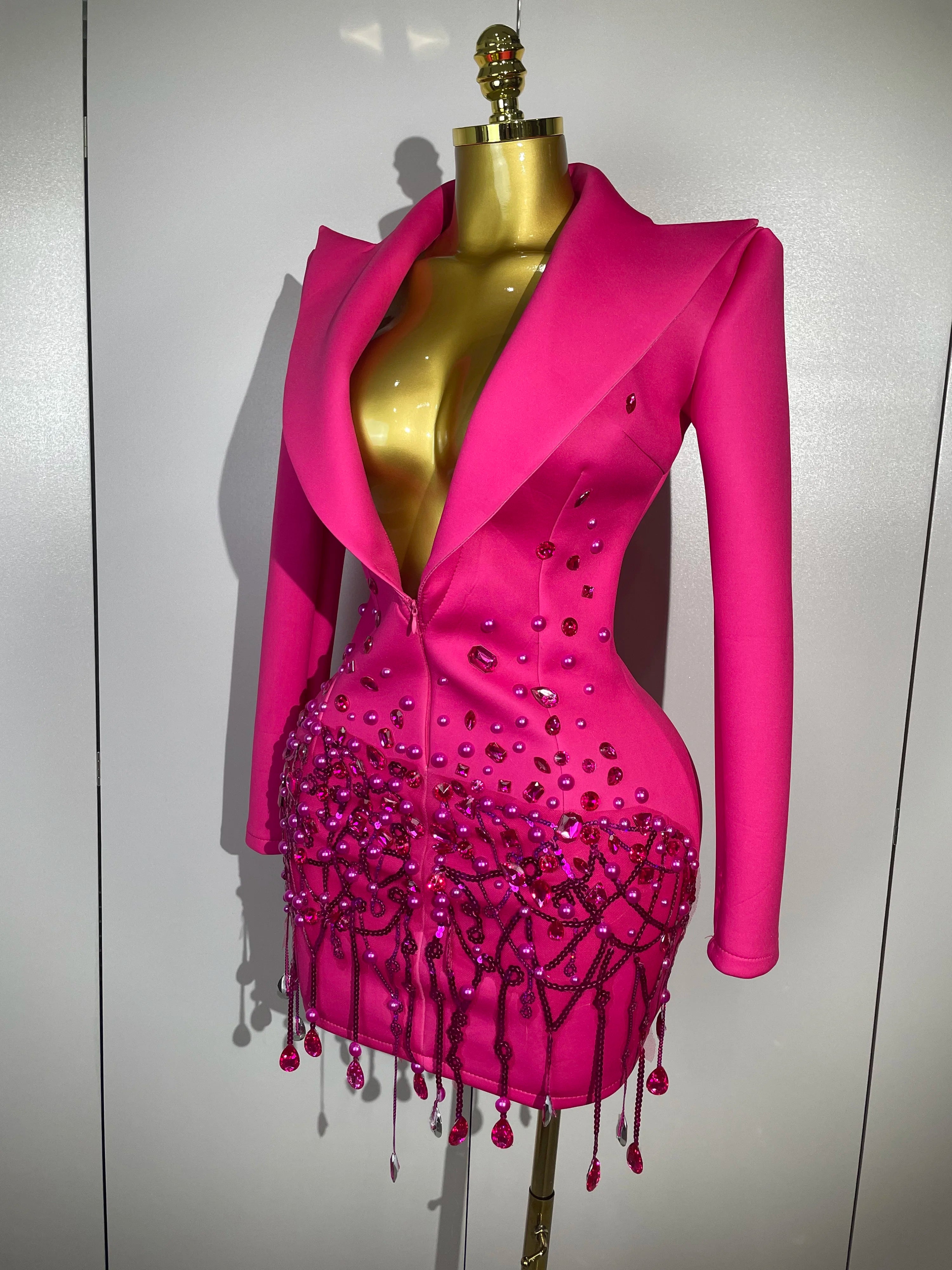 Sparkly Crystal Chains Pearls Long Sleeve Mini Dress 2025 Women Birthday Evening Party Nightclub Outfit Singer Wedding Costume
