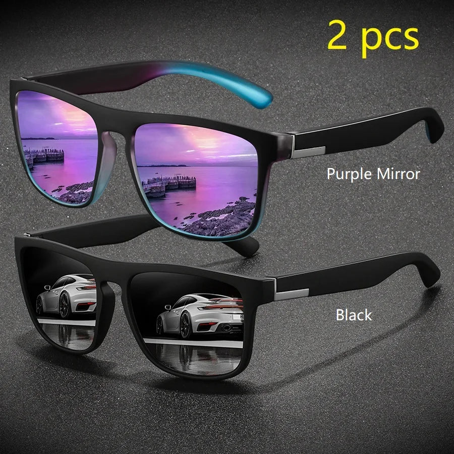 2 Pieces Fashion Vintage Square Sports Sunglasses Men Women Driving Fishing Brand Designer Sun Glasses Retro Man Eyewear UV400