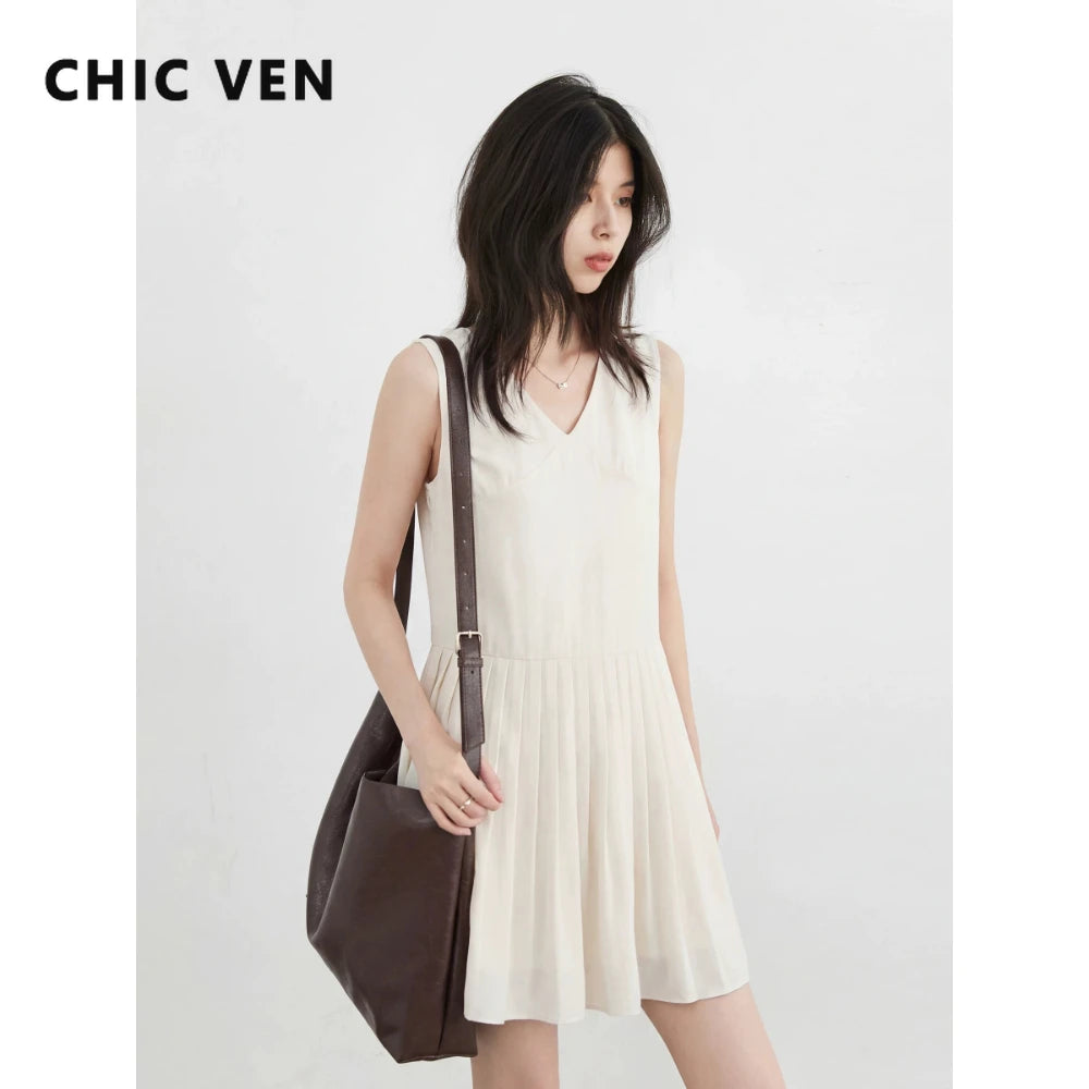 CHIC VEN Fashion Women Dresses Solid A Line Loose Casual V-neck Sleeveless Female Dress Mid-length Spring Summer 2026