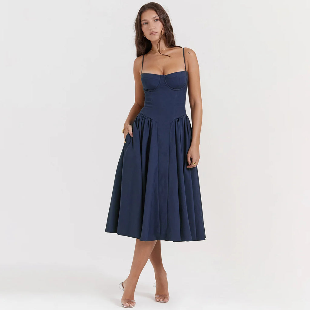 Summer Women Elegant Sleeveless Backless Pleated Dresses Lady Sexy Solid Sling Midi Dress 2024 Female Party Evening A-line Robes