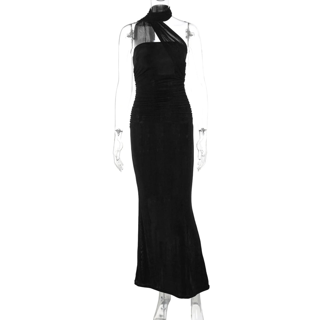 Hugcitar Halter Solid Sleeveless Backless Ruched Sexy Bodycon Maxi Prom Dress Summer Women Elegant Outfit Evening Party Birthday