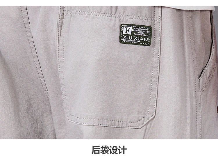 Big Size Casual Pants Men Elastic Waist Straight Leg Fit Summer Trousers Male Loose Cotton Work Wear Plus Large 6XL Khaki Light