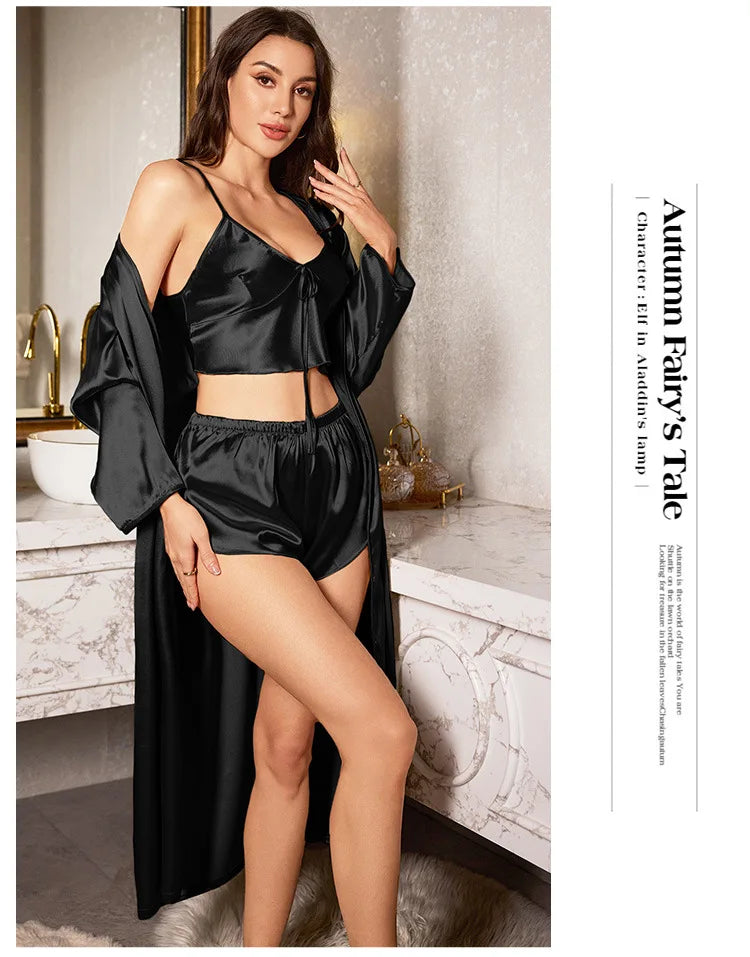 3PCS Sexy Women Pajamas Ladies Nightgowns Satin Robes Nightdress Sling and Short Women Robe