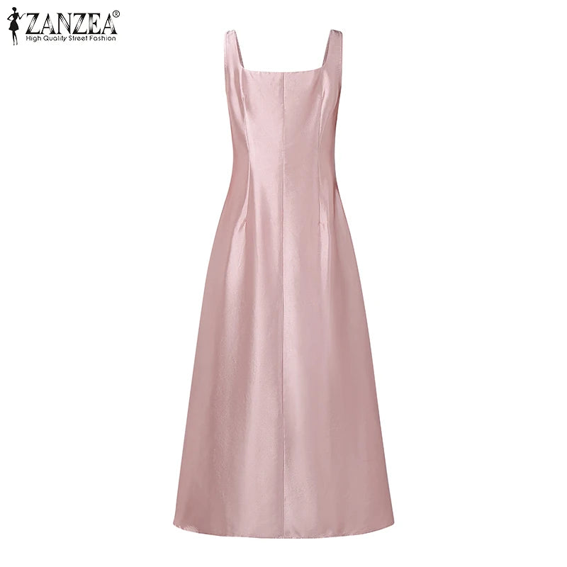 ZANZEA Women's Elegant White Satin Long Dresses Wedding Guest Cocktail Evening Party Dress Square Neck Sleeveless Robes Femme