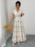 Women's Ditsy Floral V-Neck Sleeveless Waisted Maxi Dress