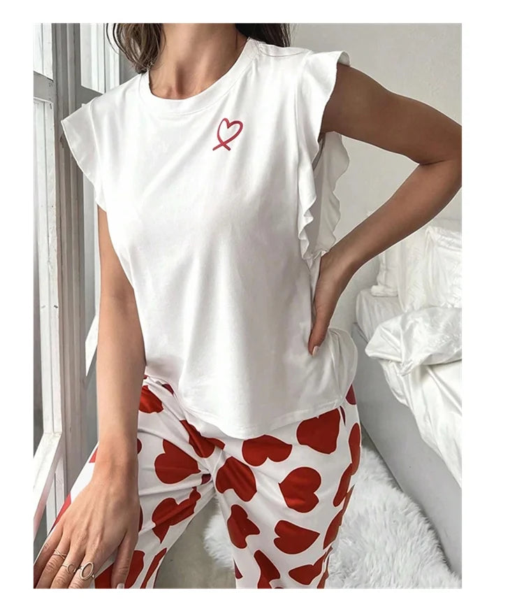Heart & Letter Printed Womens Pajama Pj Set Soft Short Sleeve Tops & Elastic Waist Pants Pyjama Pijama Femme Casual Home Clothes