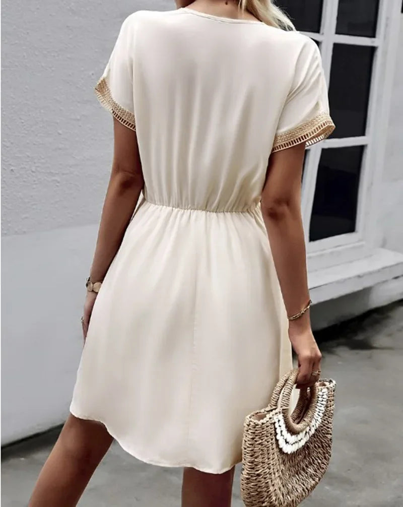 Summer Solid Short Sleeve Lace V Neck Waistband Female Beach Midi Short Dress Elegant Women's Sweet White Solid Color Dresses