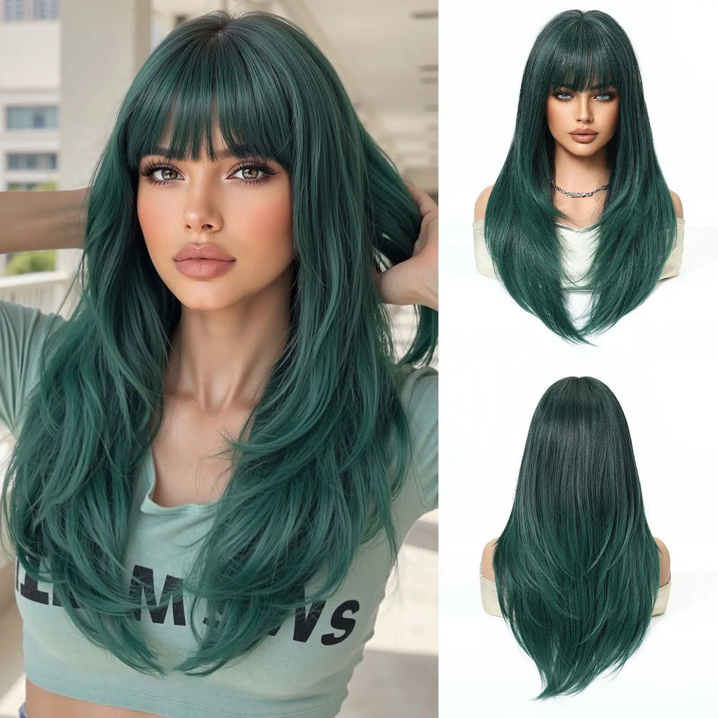 ALAN EATON Long Brown Highlight Synthetic Wigs Layered Straight Hair Wig Realistic Fake Hair for Daily Wear High Temperature Wig
